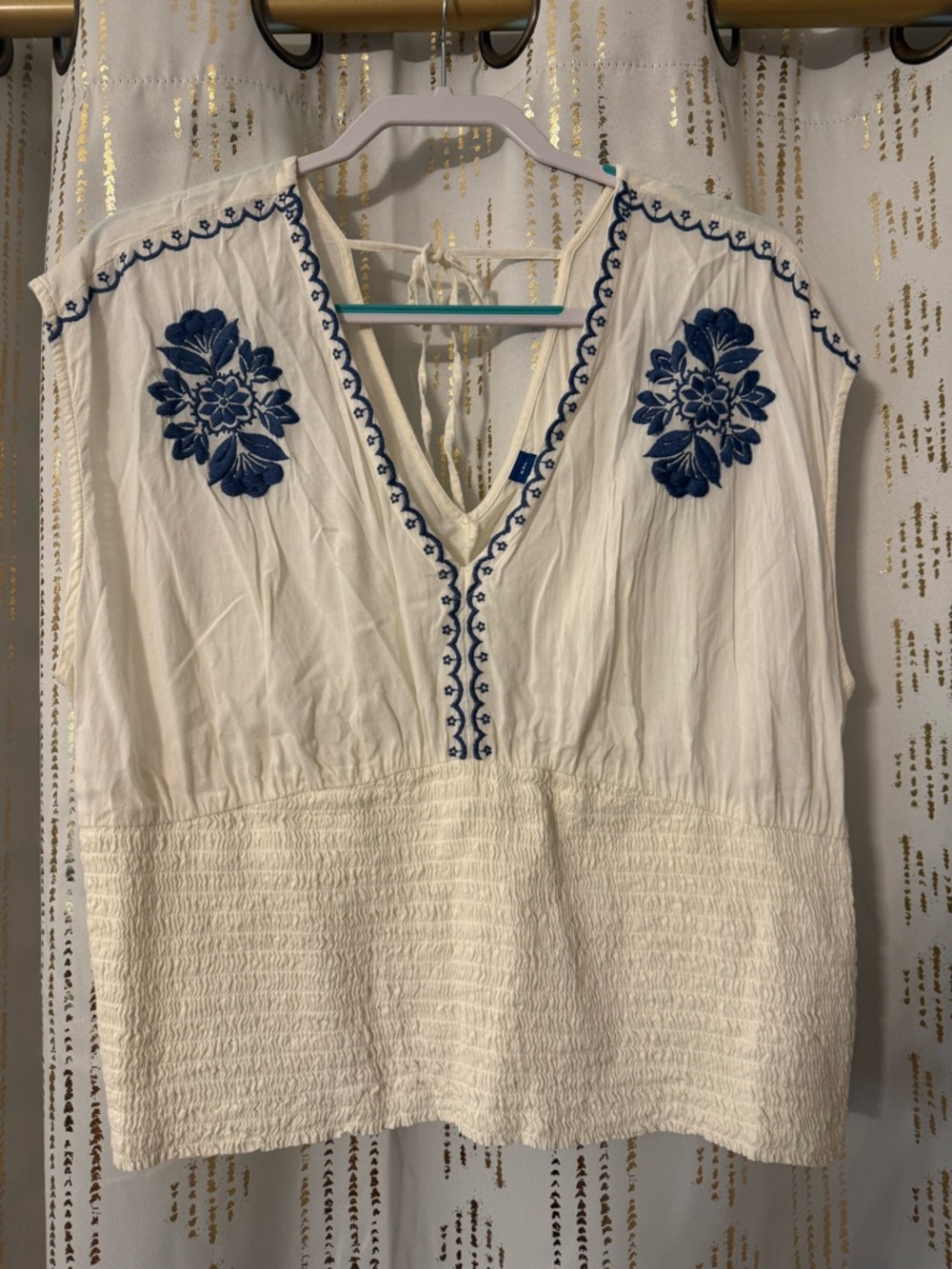 White Peasant Crop Top with Blue Floral Embroidery